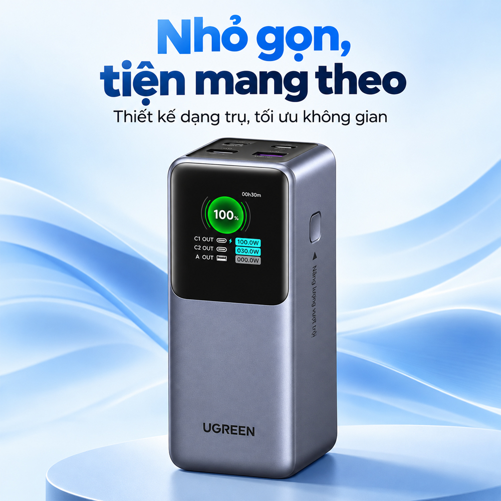 Sạc dự phòng Ugreen Nexode Power Bank Built-In Cable 1USB 2Type-C 130W 20000mAh PB721 35524B - Hàng chính hãng