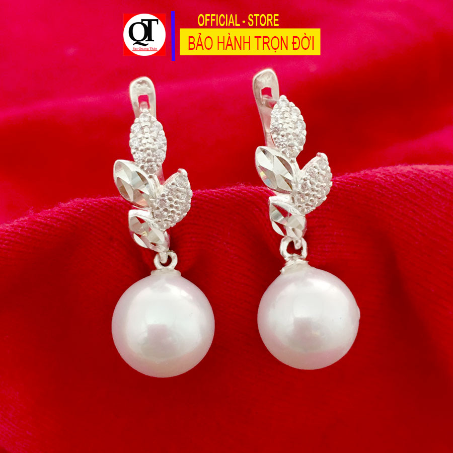 Bông tai bạc nữ ngọc trai dài khóa bật chắc chắn gắn đá trắng cao cấp trang sức Bạc Quang Thản - QTBT147