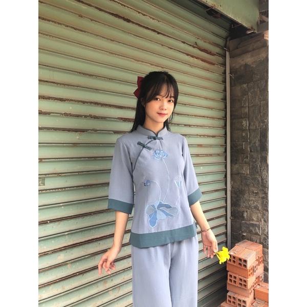 Thời trang nữ cổ tàu đi chùa, áo lam truyền thống cao cấp