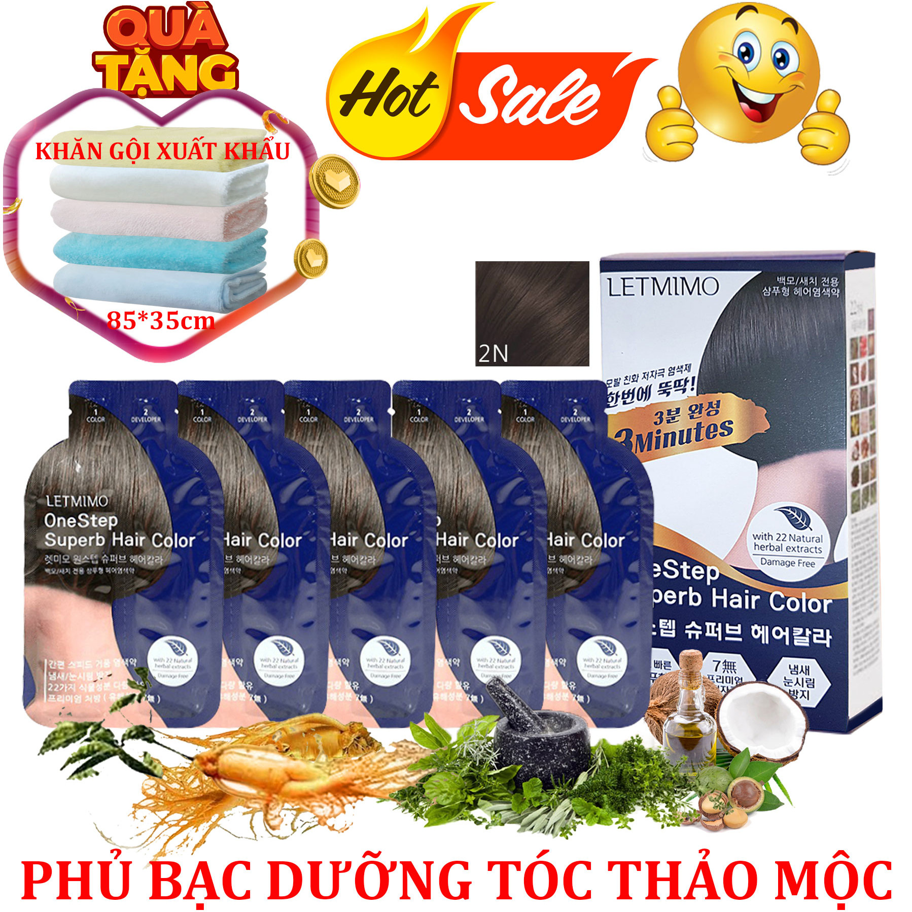 Thuốc Nhuộm tóc, màu nhuộm tóc, gội là đen, từ 22 Thành Phần Thảo mộc Letmimo, 2N Nâu Đen, Hộp 5 Gói, mỗi gói 24g + Quà tặng 1 Cái khăn Gội Cotton KT 83*33cm