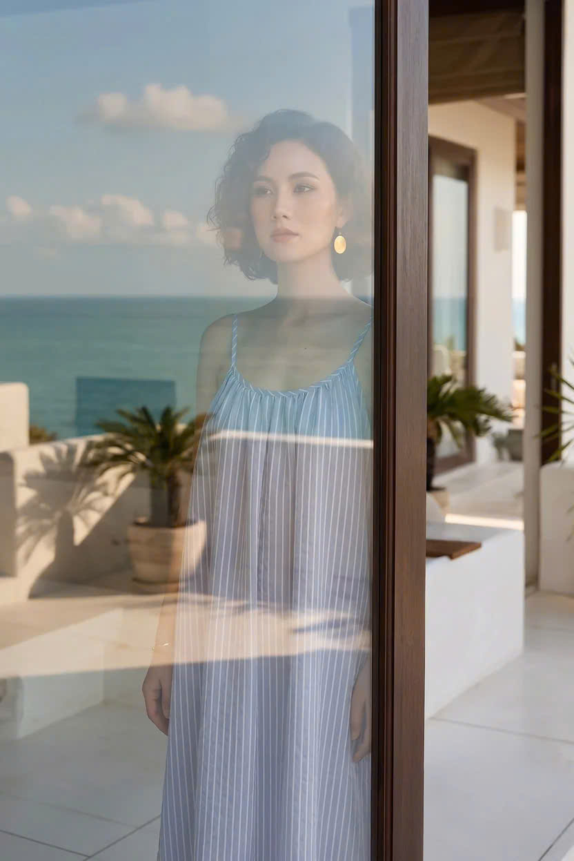 Đầm Maxi Hở Lưng Cotton Sọc Xanh Biển Vân Hy Dre217 Thời trang Hity