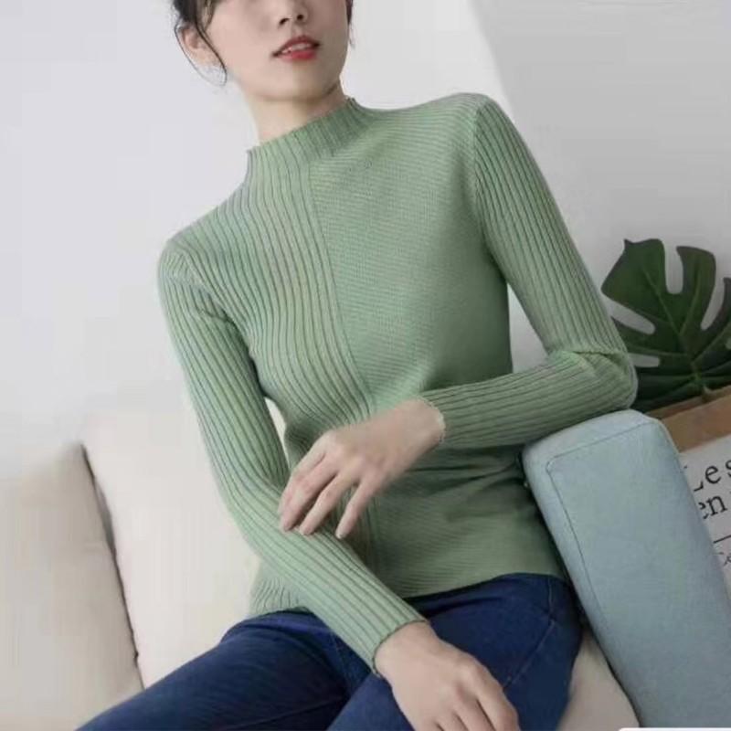 Áo sweater dệt kim dài tay cổ tròn màu trơn cho nữ