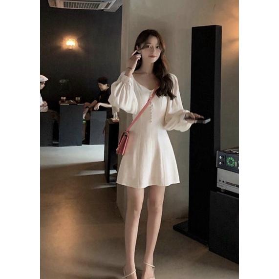 Đầm cổ V tay dài nút bọc ĐẦMCÔNG SỞ