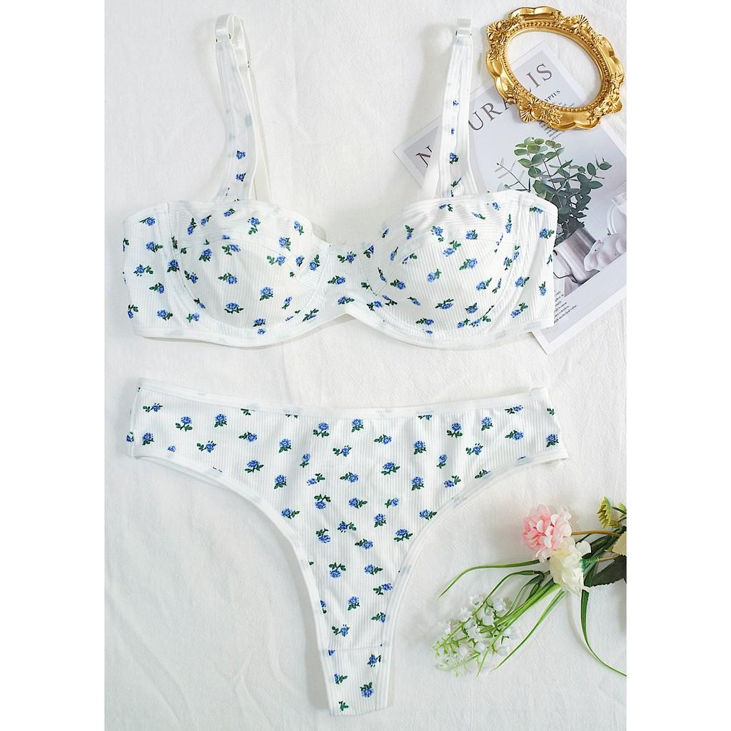Set Cotton Trắng Hoa Xanh - Let's Love Đồ Lót Nội Y
