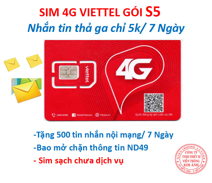 Bao chặn - Sim sạch Viettel loại chưa dịch vụ GÓI S5 ƯU ĐÃI 500 SMS MIỄN PHÍ CHỈ 5K/7 NGÀY, Miễn phí tin nhắn