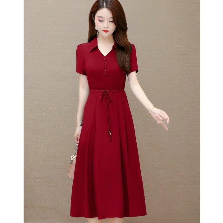 Đầm váy nữ trung niên sơ mi dự tiệc dạo phố đơn giản đỏ đen nhẹ nhàng