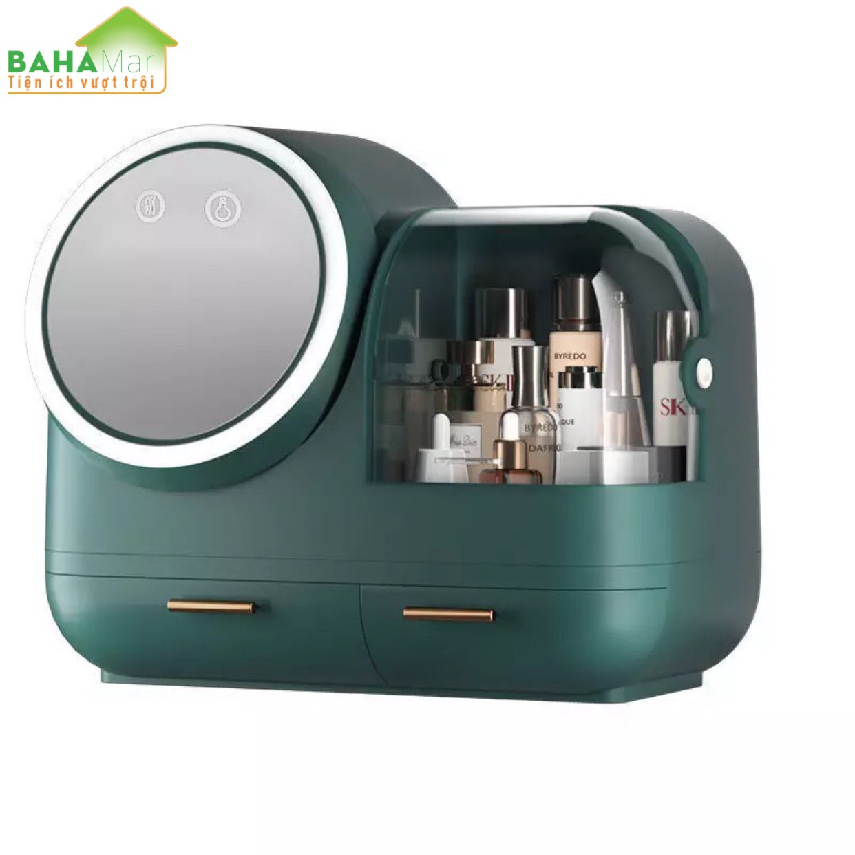 HỘP ĐỰNG MỸ PHẨM CÓ GƯƠNG TRANG ĐIỂM ĐÈN LED QUẠT BAHAMAR có quạt thổi khô lớp trang điểm thiết kế tay cầm dễ dàng xách di chuyển hộp chống bụi v