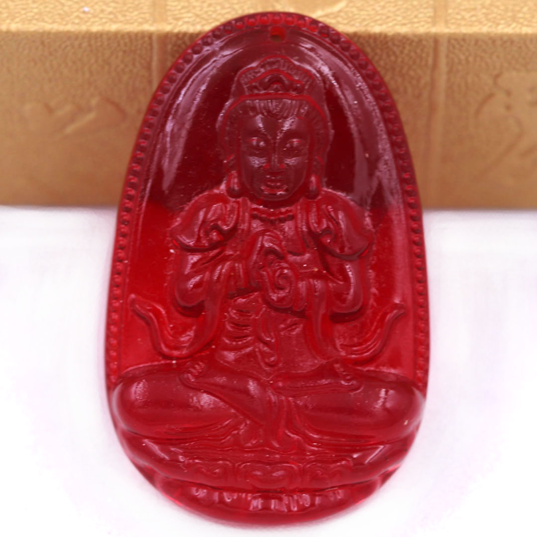 Mặt Phật Đại nhật như lai pha lê đỏ 1.9cm x 3cm  kèm vòng cổ dây cao su đen + móc inox vàng, Phật bản mệnh, mặt dây chuyền