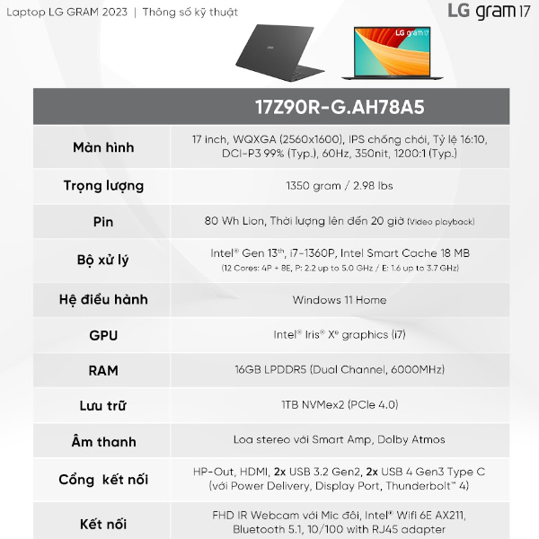 Laptop LG Gram 2023 17Z90R-G.AH78A5 Hàng chính hãng