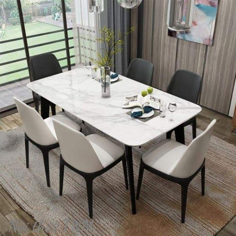Bàn ăn 6 ghế mặt đá vân mây, chân bàn gỗ tầm nhìn mới ms 024
