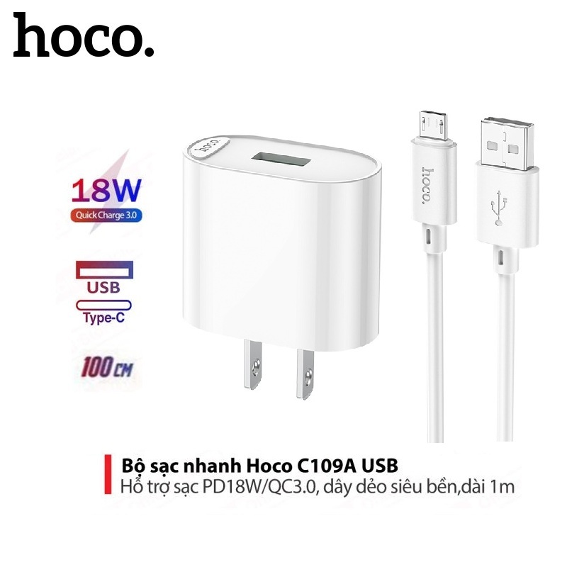 Bộ sạc nhanh 18W Hoco C12Q/C109 TypeC/MicroUsb hỗ trợ QC3.0 sạc nhanh 0-50% Pin Trong 30p dây sạc dài 1m - Hàng chính hãng