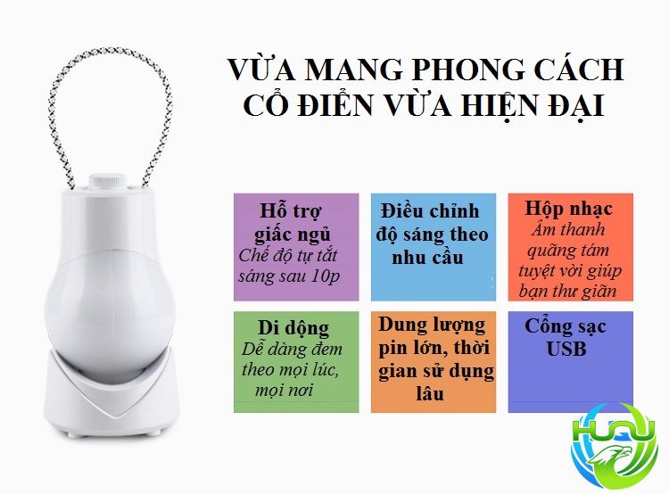 Đèn Dã Ngoại Sách Tay Huqu Thiết Kế Hiện Đại Có Thể Điều Chỉnh Độ Sáng Làm Đèn Ngủ HQ-UT-Hàng Chính Hãng