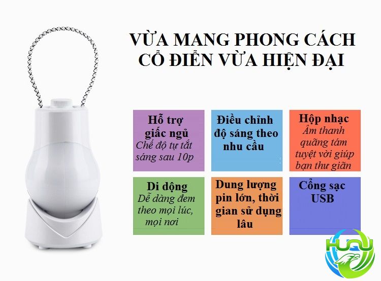 Đèn Dã Ngoại Sách Tay Huqu Thiết  Kế Hiện Đại Có Thể Điều Chỉnh Độ Sáng  Làm Đèn Ngủ HQ-UT-Hàng Chính Hãng