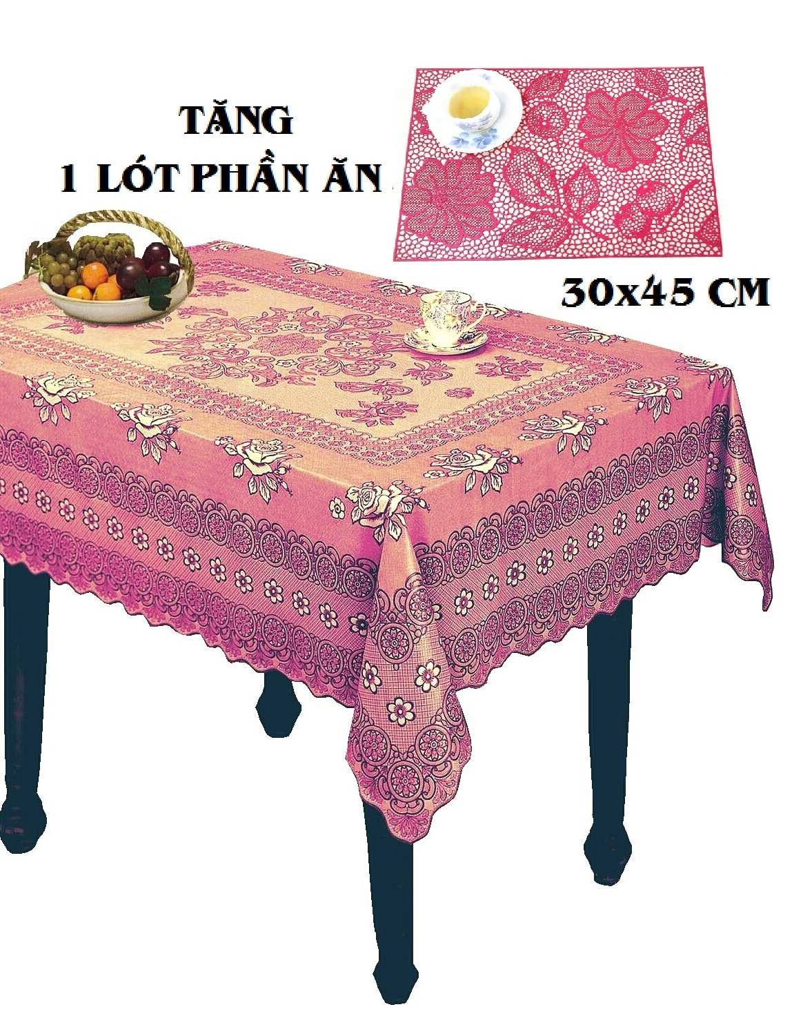 Khăn trải bàn Paulee 856B (264 cm x 150 cm) đỏ đô - TẶNG LÓT PHẦN ĂN 30 x 45 cm