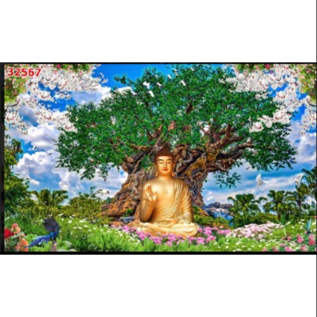Tranh 3D dán tường phật ngồi gốc cây bồ đễ