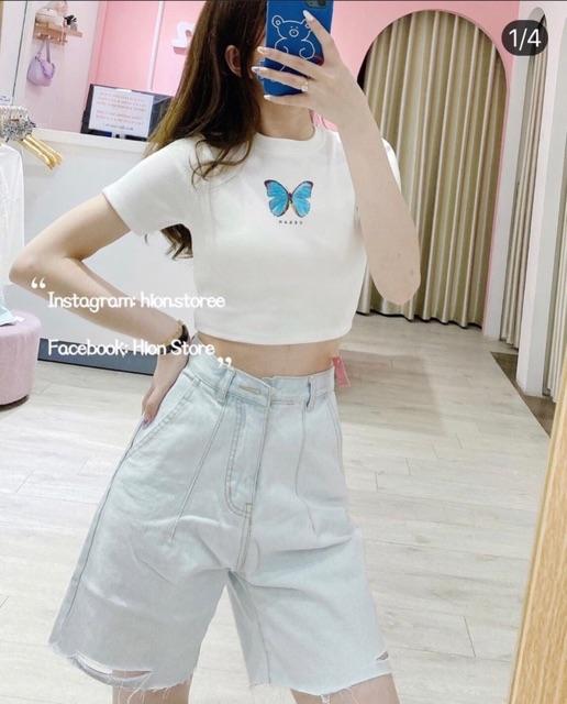 Áo thun lụa croptop in bướm trendy lắm nhé