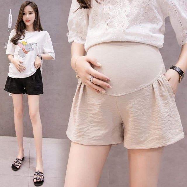 Quần sooc bầu cạp chéo vải đũi siêu mát ️có chun điều chỉnh️2 màu đen trắng️ freesize 43-68kg