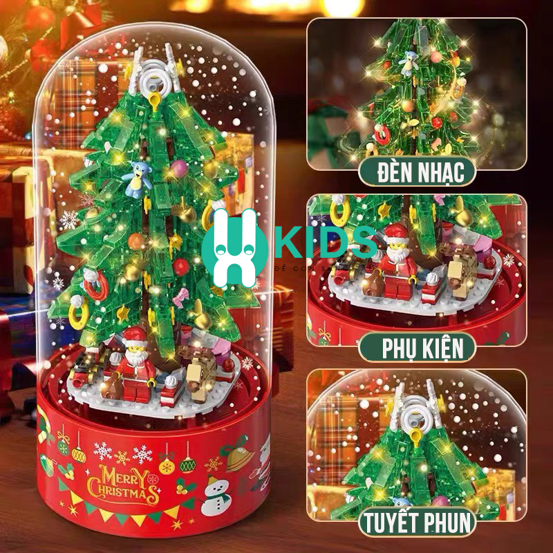 Hộp nhạc quà tặng noel cây thông giáng sinh lắp ráp trang trí DIY cỡ lớn có đèn phun tuyết tự động, xoay 360 siêu đẹp