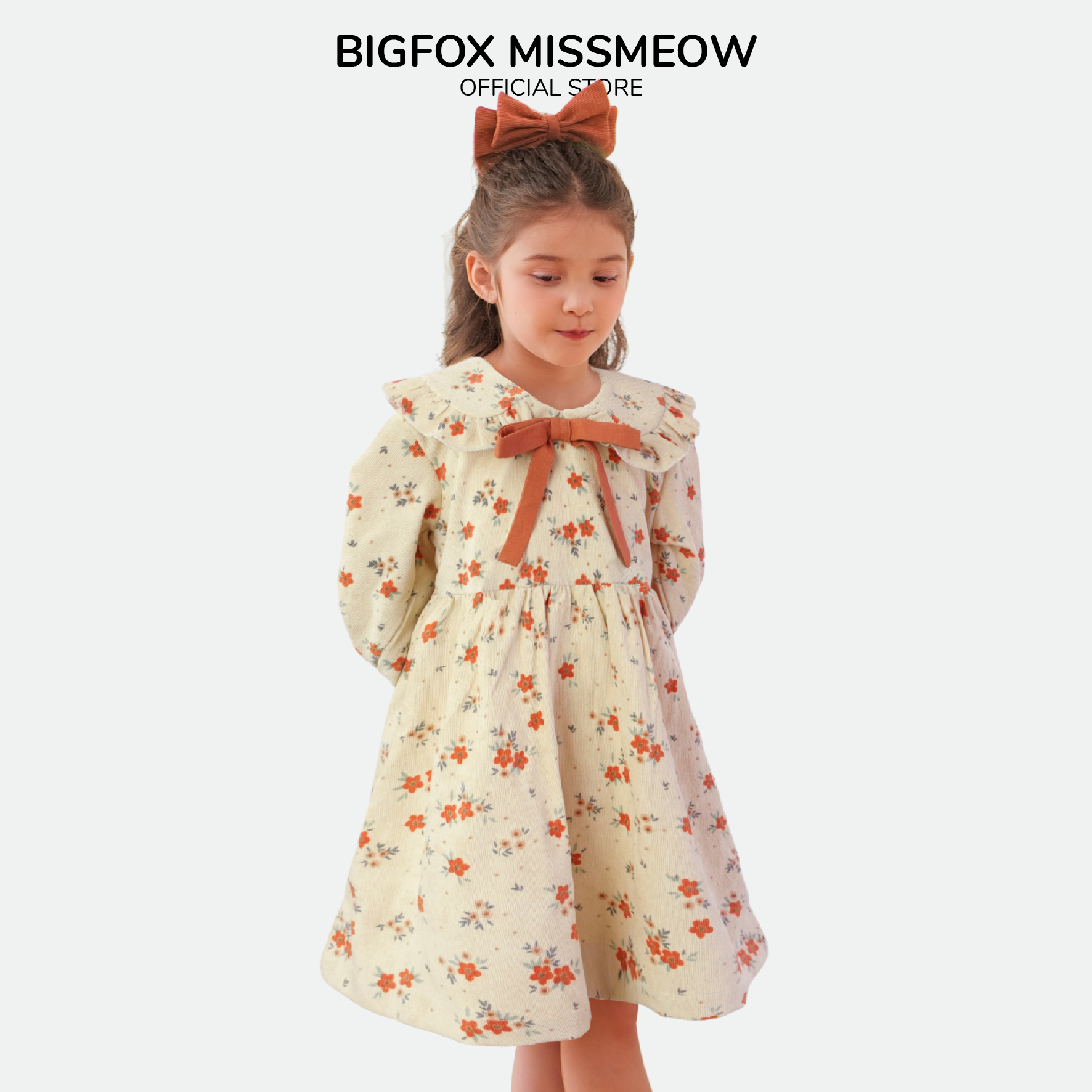 Váy thu đông cho bé gái Bigfox Miss Meow vải nhung hoa xinh xắn cổ bèo phối nơ tiểu thư size đại cho trẻ em gái 3-11 tuổi