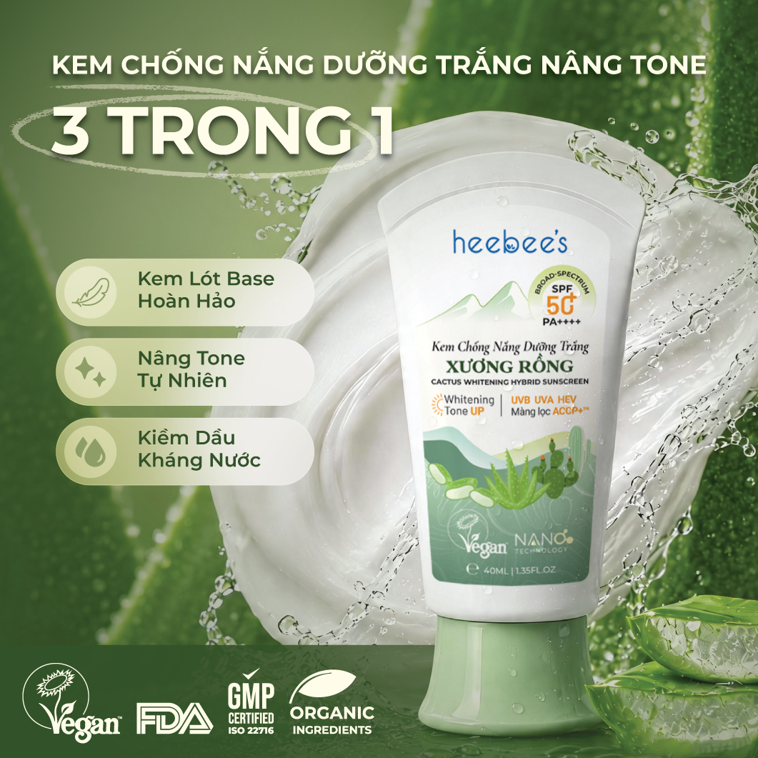 Kem Chống Nắng Thuần Chay Phổ Rộng Xương Rồng Heebee's Dưỡng Trắng, Chống Tia UVA, UVB, Ánh Sáng Xanh, Nâng Tone 40g