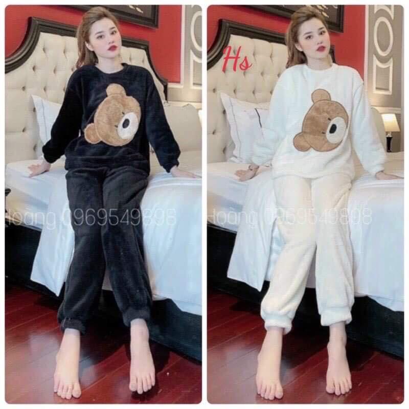 Bộ Ngủ Nữ Lông Mặt Gấu, Set Nữ Dài Tay Thêu Hình 2 Màu ĐEN TRẮNG