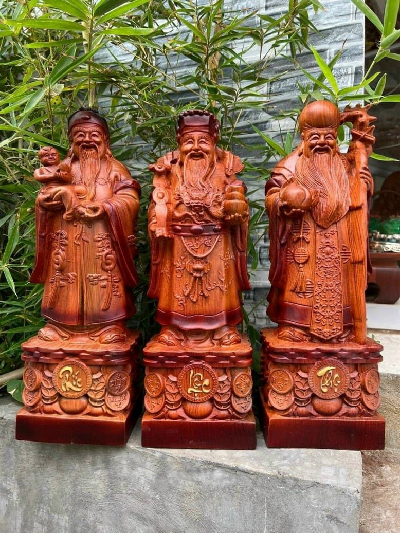 Bộ tượng phật tam đa phúc lộc thọ bằng gỗ hương đá pu giả cổ kt cao 60×18×15cm