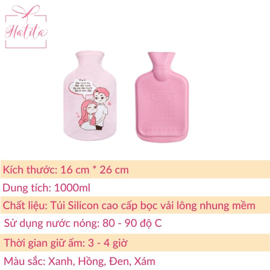 Túi chườm nóng đau bụng kinh Hatita 1000ml, túi chườm nóng sưởi ấm tay, chân, bụng cho bạn gái mẫu TÌNH YÊU HỒNG