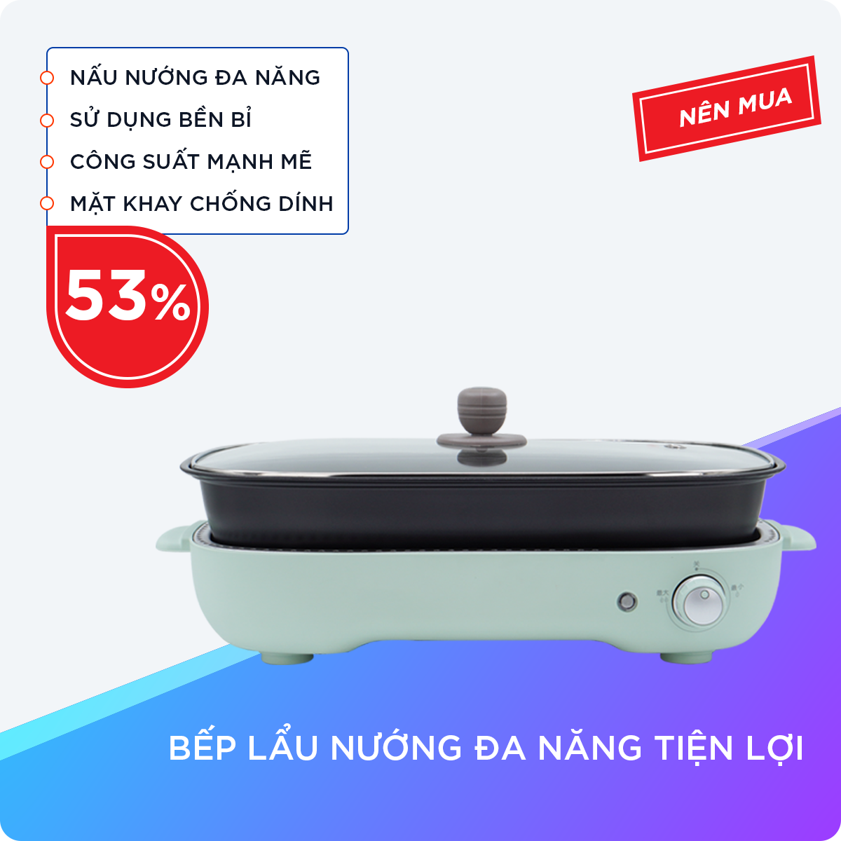 Bếp Lẩu Nướng Đa Năng 3in1 Màu Xanh 4L Tiện Lợi, Tích Hợp 3 Khay: Nướng, Lẩu và Làm Bánh