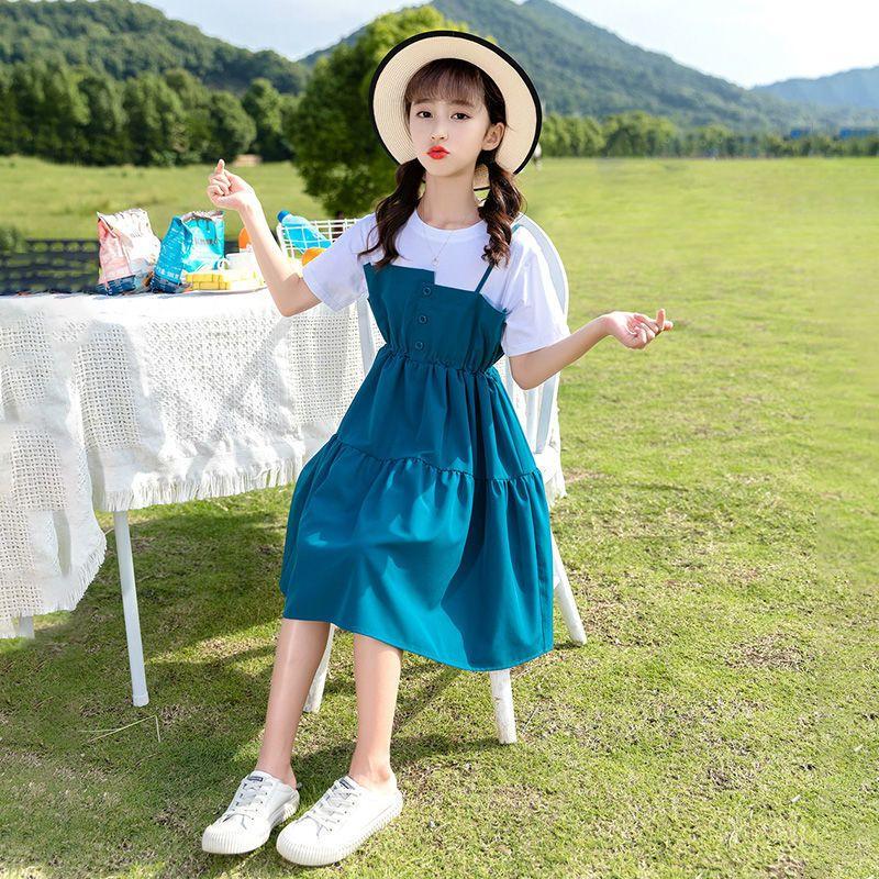 DONGSHOP HOT Cô gái ăn mặc mùa hè 2023 váy trẻ em trung bình lớn phong cách tây kẻ sọc đầm cô gái váy công chúa