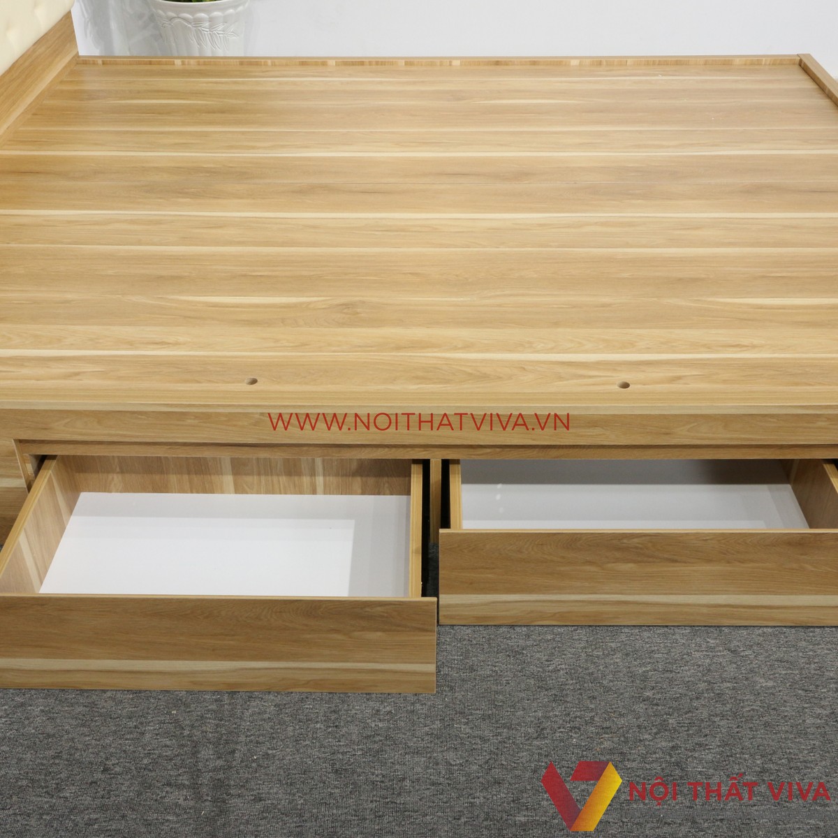 Giường Ngủ Gỗ MDF Melamine Vân Gỗ Vàng Sọc Có Hộc Kéo + Đầu Nệm Kem Đẹp