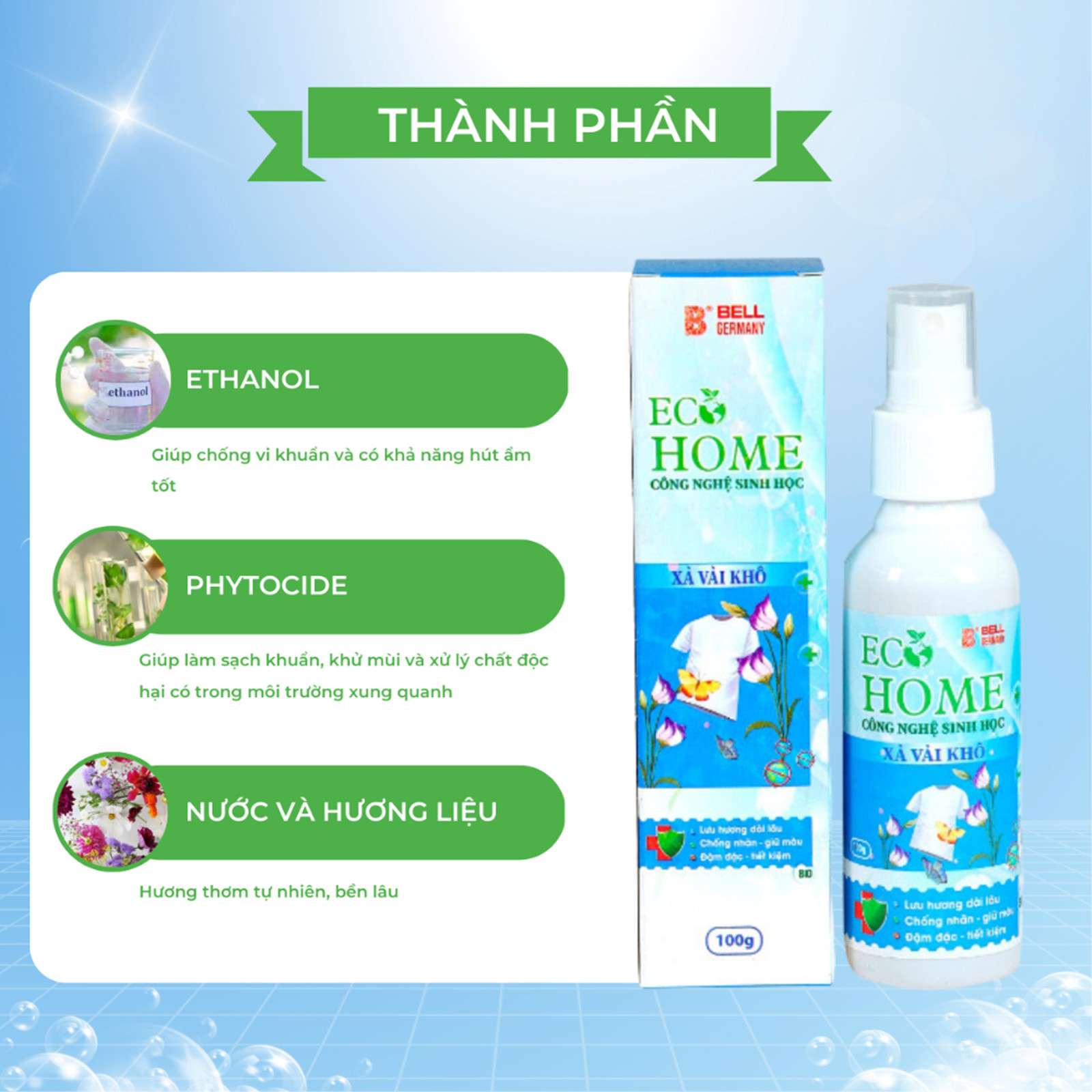 Xả Vải Khô Dạng Xịt Công Nghệ Sinh Học ECOHOME 100ml Hương Ban Mai Vỏ Xanh Làm Mềm Vải Khử Mùi Mồ Hôi, Lưu Hương Cả Ngày