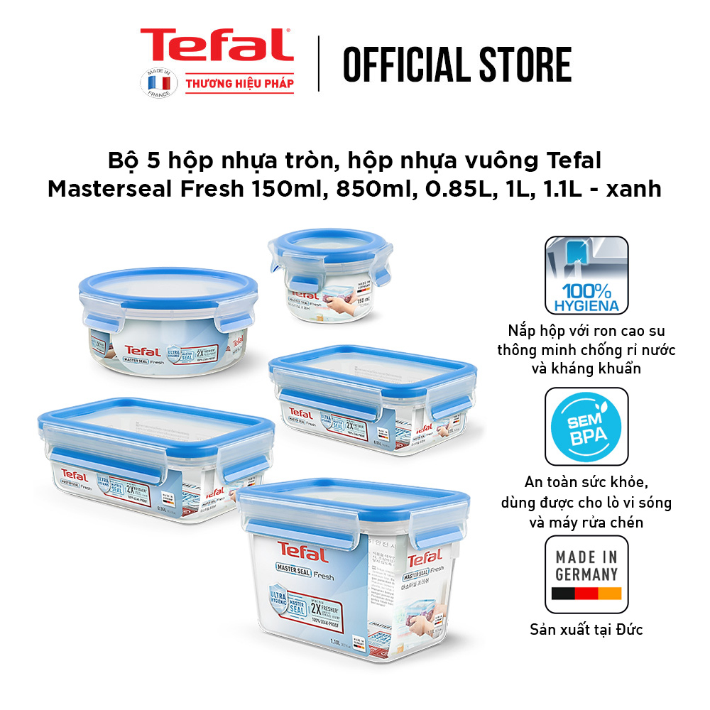 Bộ 5 hộp bảo quản thực phẩm nhựa BBA free, Tefal Masterseal Fresh, sản xuất tại Đức (150ml, 850ml, 850ml, 1000ml, 1100ml) - Hàng chính hãng