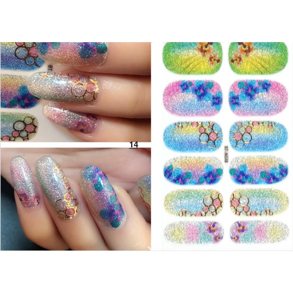 Lô 12 sticker móng tay nail art hoa màu sắc- quà tặng kèm giũa mini và 2 khăn khô vô trùng