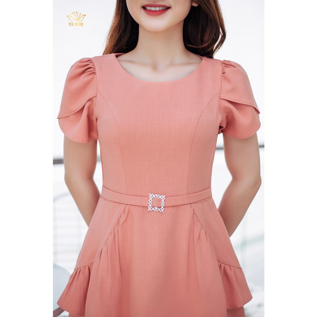 Đầm đi tiệc sang trọng form xoè cổ tròn tay ngắn peplum cam sữa TTV1047