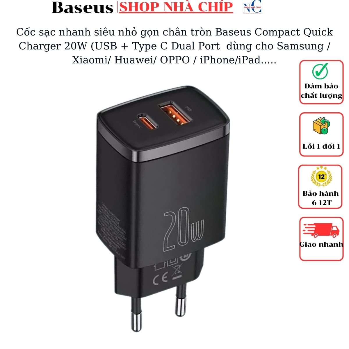 Cốc Sạc Nhanh Siêu Nhỏ Gọn Chân Tròn Baseus Compact Quick Charger 20W Usb Type C Dual Port, 20W Pdqc 3.0 Multi Quick Charge Support Dùng Cho Samsung Xiaomi Huawei Oppo Iphoneipad......hàng Chính Hãng - Màu Đen