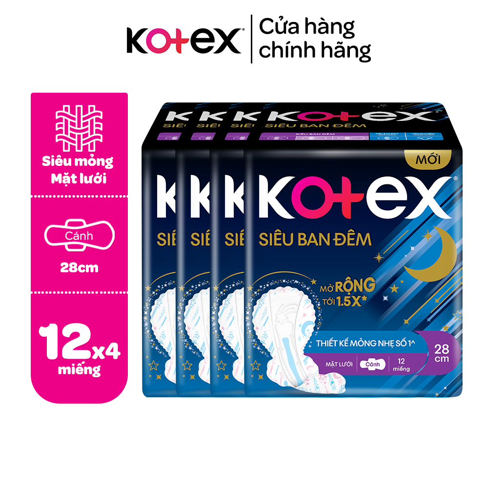 (Tặng thêm 4 miếng 35cm) Combo 4 gói băng vệ sinh Kotex ban đêm mặt lưới siêu mỏng cánh 8 miếng (35cm) hoặc 12 miếng (28cm