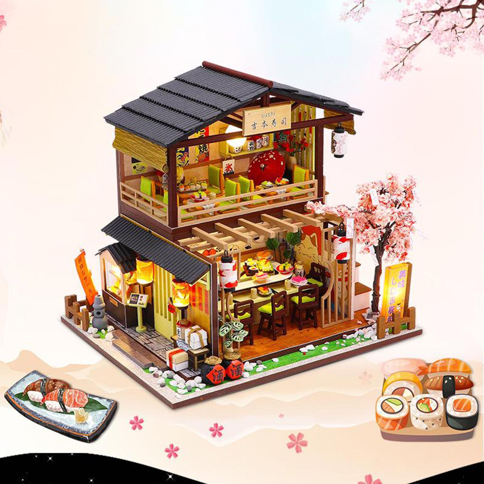 DIY Miniature Dollhouse Kit with Furniture & LED Light Warm Sushi Shop Gifts
