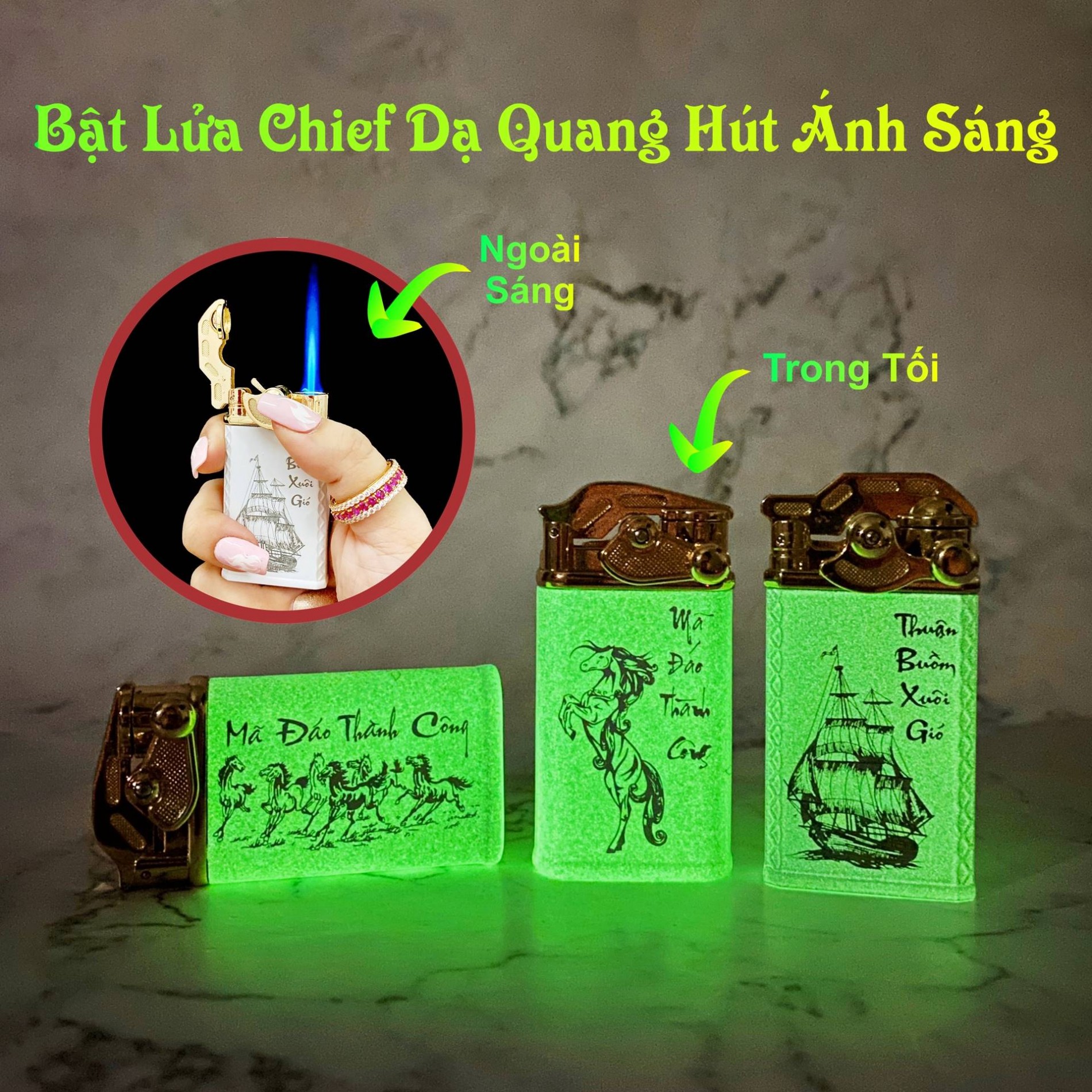 Hộp quẹt bật lửa khè Chief búng tay đánh lửa dạ quang hút ánh sáng hình thuận buồm xuôi gió - (xài gas)