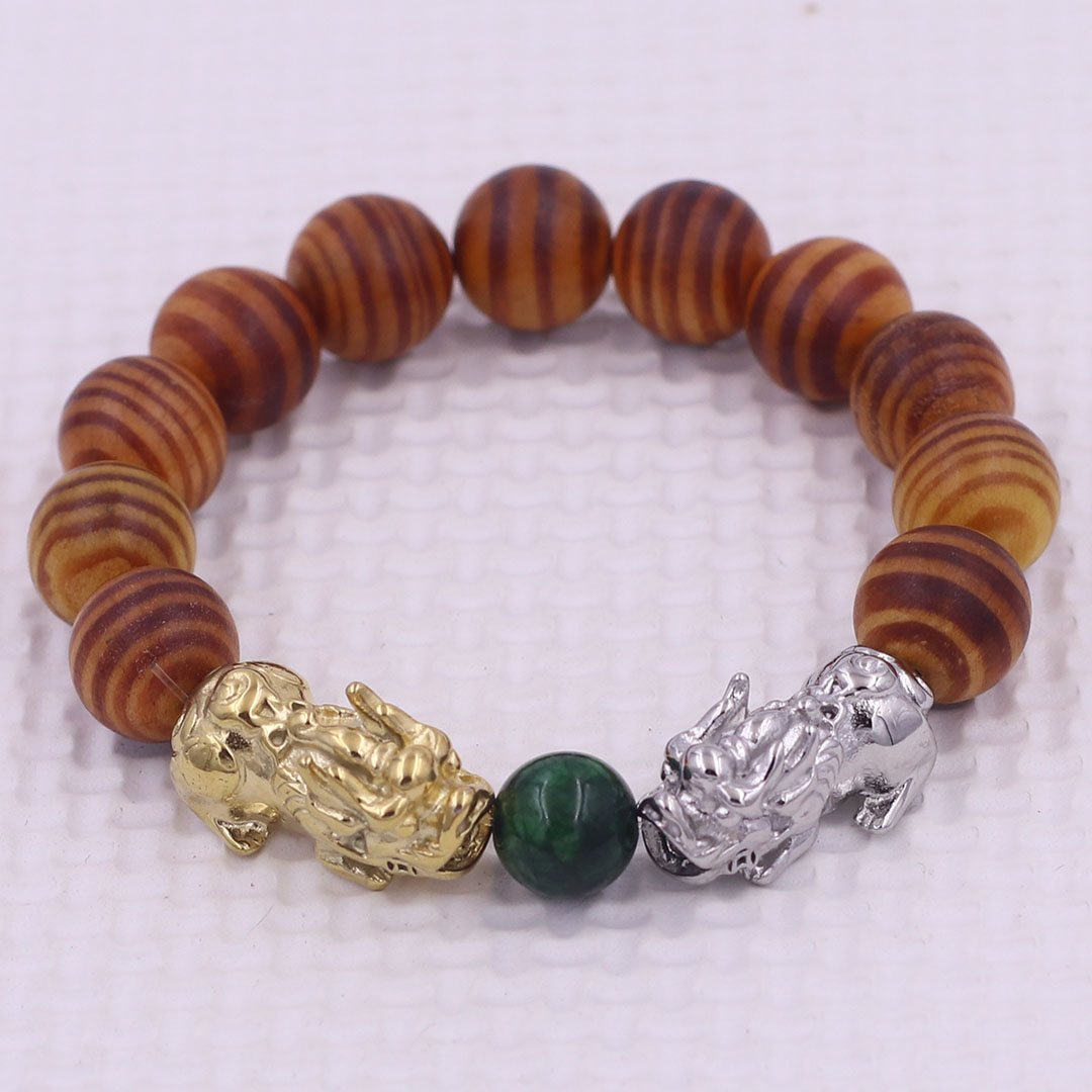 Vòng chuỗi đeo tay gỗ huyết rồng  12 ly charm tỳ hưu đôi inox trắng và vàng, vòng chuỗi phong thủy, charm tỳ hưu, vòng tay hạt chuỗi