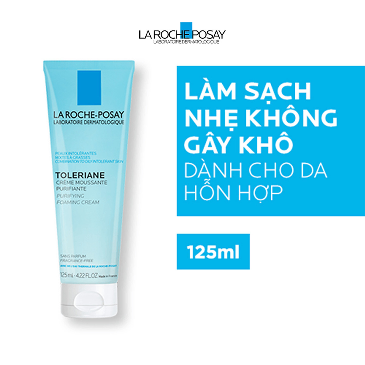 Sữa rửa mặt tạo bọt cho da hỗn hợp &amp; da dầu rất nhạy cảm &amp; kích ứng La Roche-Posay Toleriane Foaming Cream (125ml) + TẶNG MÓC KHÓA