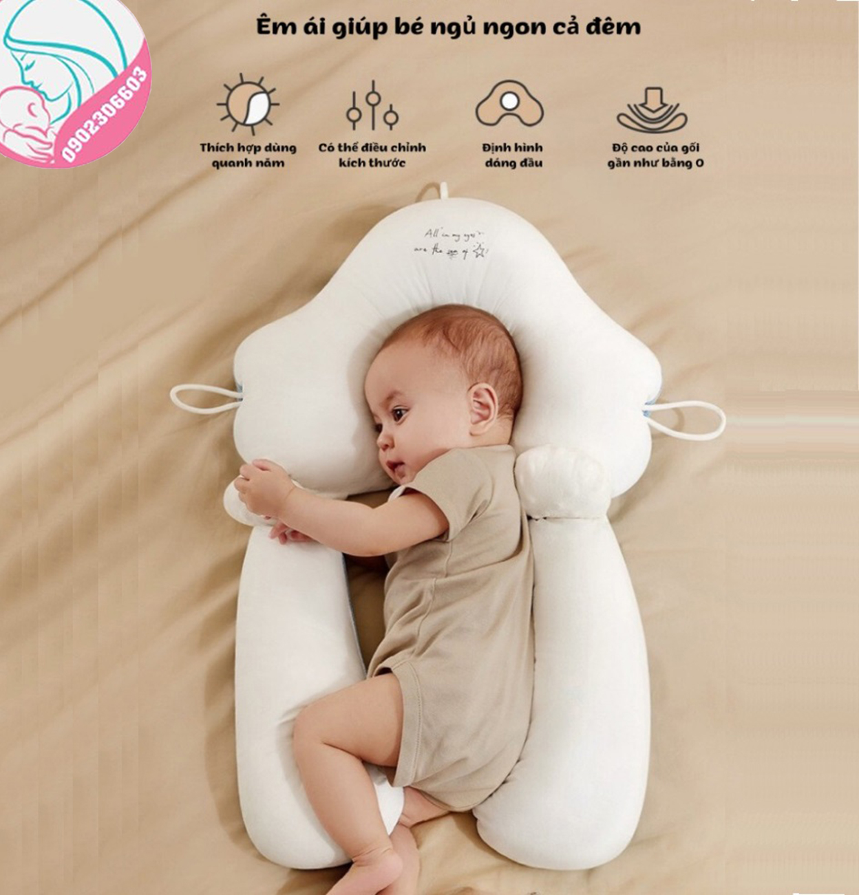 Gối chữ U định hình; Gối đa năng, hạn chế giật mình méo đầu, với dây rút 3 đầu tiện dụng, giúp bé sơ sinh ngủ ngon.