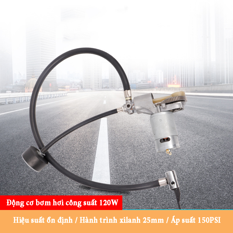 Động cơ máy bơm hơi 12V/120W hành trình xi lanh 25mm áp suất 150PSI lưu lượng khí 35L/phút, có đồng hồ báo áp suất - Chế bơm lốp cho ô tô xe máy