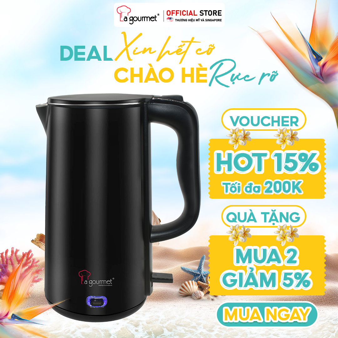 [Hàng chính hãng] Ấm đun siêu tốc chống bỏng 2 lớp không vi nhựa La gourmet 2000W 3L -  410955 (bảo hành 1 năm) giữ ấm 60⁰ – 70⁰C