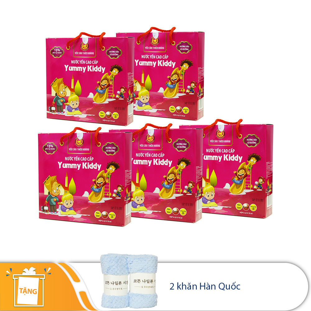 [ Combo 5 Hộp ] Yến Yummy Kiddy Hương Dâu Thiên Hoàng (6 Lọ/Hộp) - Tặng 2 Khăn Đa Năng Hàn Quốc