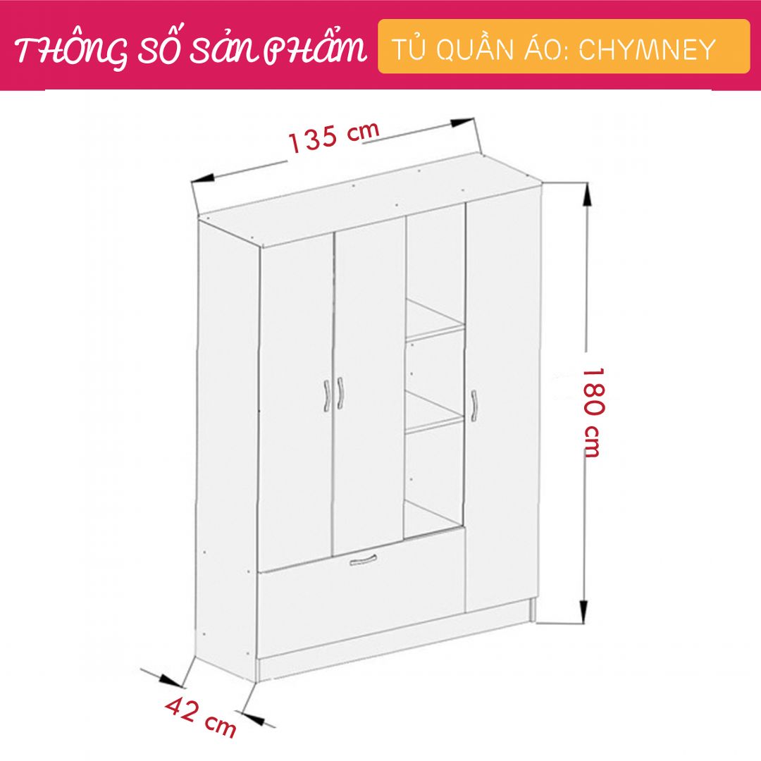 Tủ quần áo gỗ hiện đại SMLIFE Chymney | Gỗ MDF dày 17mm chống ẩm | D135xR42xC180cm