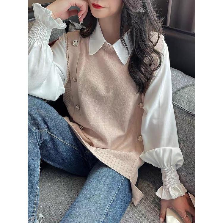 MS837 Áo gile len nữ cúc sườn cổ tròn Hàn Quốc