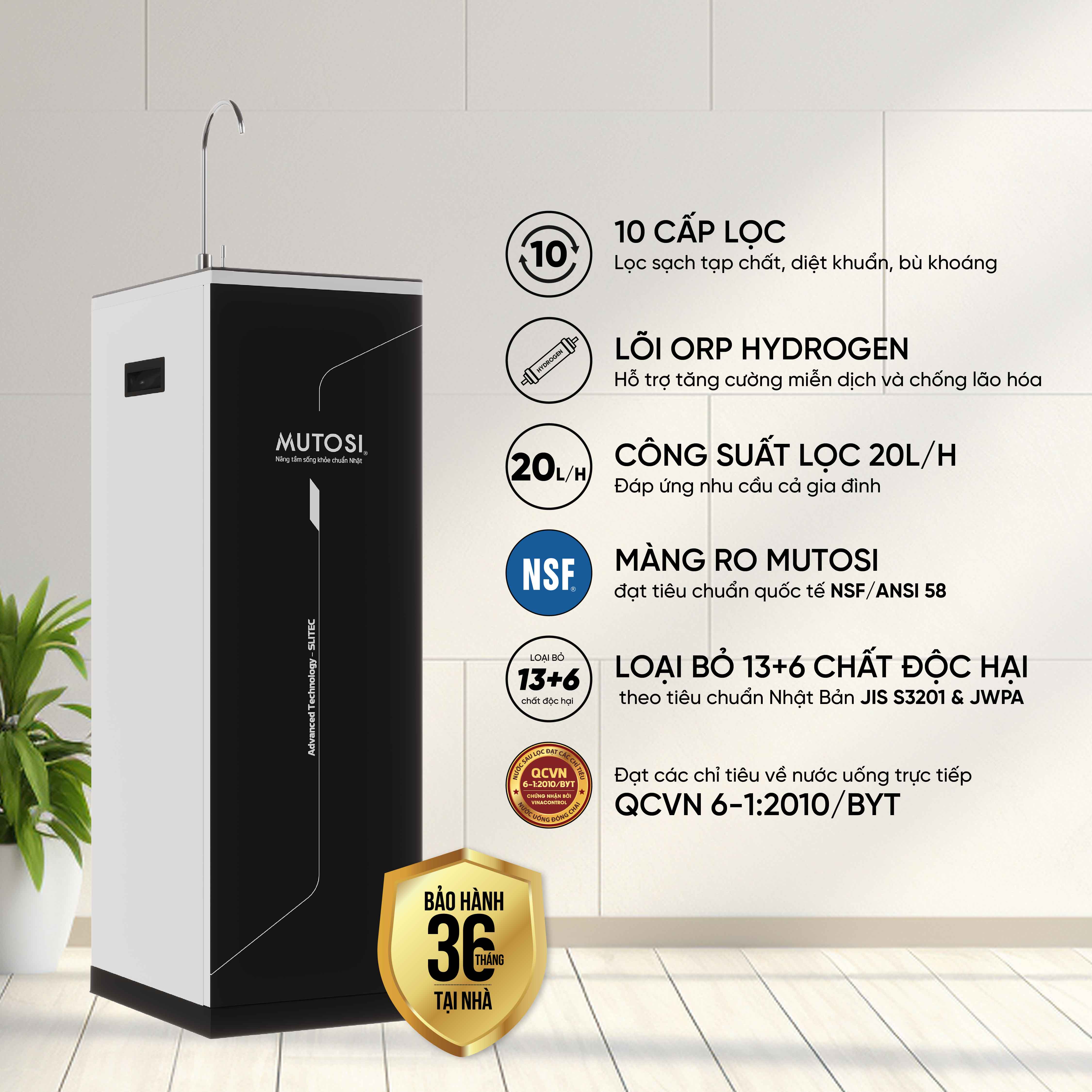 [Miễn phí vận chuyển &amp; lắp đặt] Hàng chính hãng Máy lọc nước 10 lõi lọc Mutosi MP-S1001. Bảo hành 36 tháng tại nhà