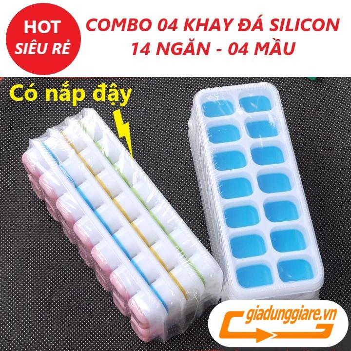 Khay đá silicon (14 ngăn , 4 mầu) có nắp đậy không dính mùi thực phẩm (Set 04 )