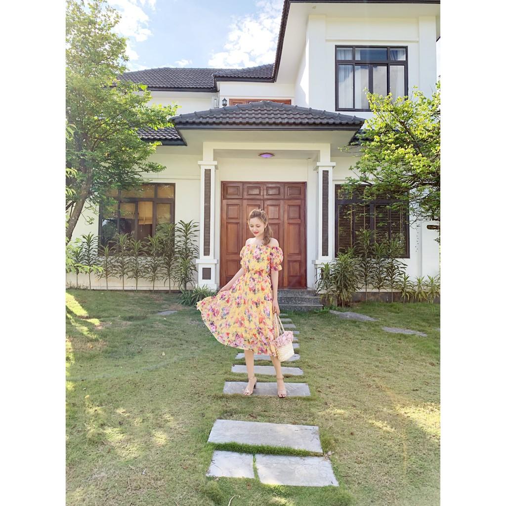 đầm trể vai hoa vàng dễ thương