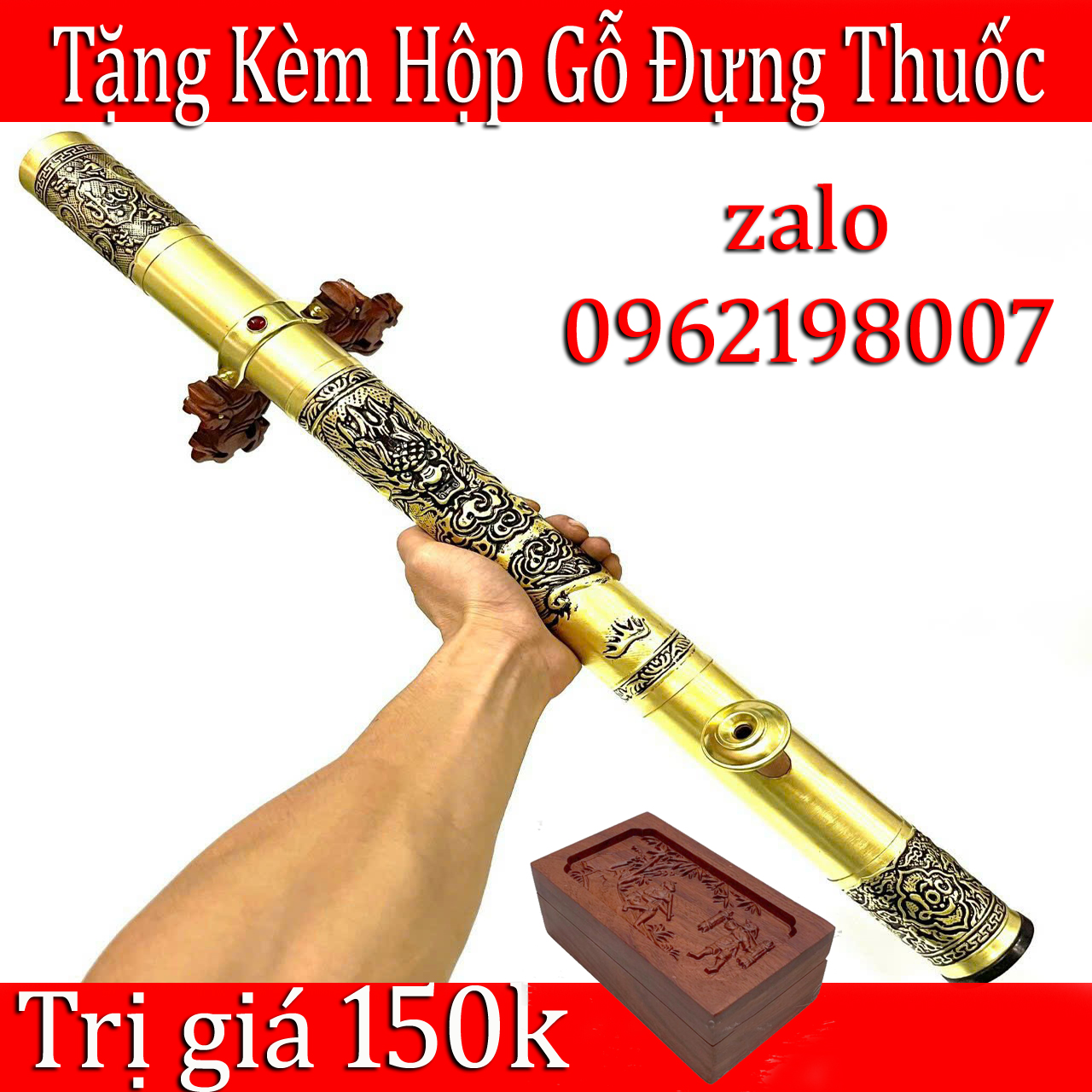 Điếu cày trúc Bọc Đồng 2 Lớp Cao Cấp dài 65cm VIP tặng kèm hộp gỗ đựng th0k lao`